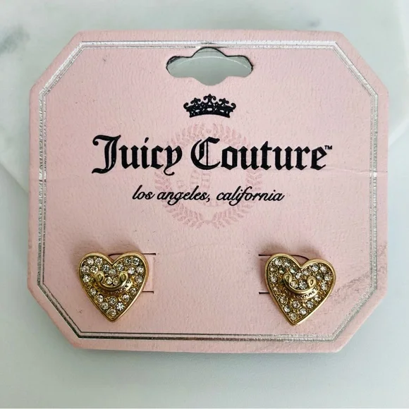 Juicy Couture Rose Gold Tone Heart Stud Earrings Rhinestones Pave & Logo NWT - Picture 1 of 4